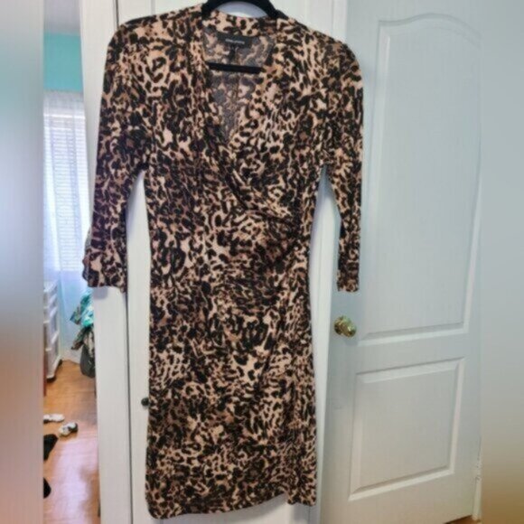 Jones Studio Leopard Animal Print Cheetah 3/4 Sleeve Midi Wrap Dress Size Small - Picture 1 of 10